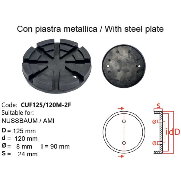 Tampone a cuffia con piastra metallica - CUF125/120M-2F - Per sollevatori modello: NUSSBAUM, AMI Tampone a cuffia con piastra metallica - CUF125/120M-2F - Per sollevatori modello: NUSSBAUM, AMI